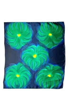 Silk Charmeuse Scarf Blue Green Yellow Floral Abstract Water Lilies Orchid EUC